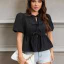 Womens Babydoll Peplum Tops Summer Puff Short Sleeve Bow Tie Blouse Y2k Cute Trendy 2025 Shirts (Black, S)