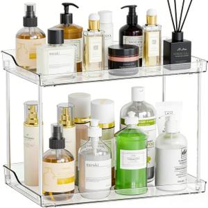 2 Tier Bathroom Organizer Countertop, Clear Acrylic Bathroom Counter Organizer, Corner Makeup Organizer, Makeup Perfume Tray, Vanity Storage Tray for Bedroom, Bathroom, Kitchen, Living Room