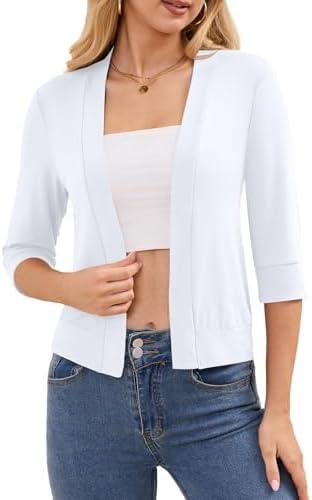 DouBCQ Shrugs for Women 3/4 Sleeve Cropped Cardigan Open Front Lightweight Bolero, Large