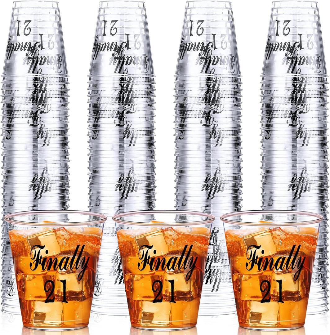 Roshtia 100 Pcs 21st Birthday Shot Glass Finally 21 Plastic Shot Glass Disposable Shot Glasses 2 oz Sample Cups Clear Plastic Shot Cups for Him or Her Celebrate Twenty One 21st Birthday Party Supplies (Black)