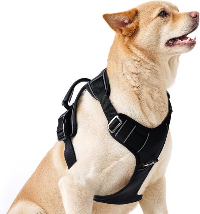 Kvvkii Dog Harness, Adjustable No-Pull Harness with 2 Leash Buckles, Easy-to-Control Handle for Medium Dogs, Harness for Large Dogs, Black, Large