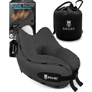 SNUGL Travel Pillow  Memory Foam Pillows - Neck Pillow for Airplane with Carry Bag & Clip  Neck Support Pillows for Pain Relief - Airplane Travel Essentials (Adult Regular - Dark Grey)
