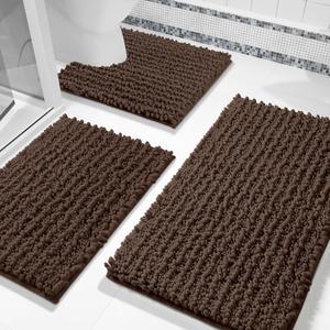 Yimobra Bathroom Rug Set 3 Piece - Super Absorbent Quick Dry Chenille Bath Mats & Toilet Rug, Non Slip Machine Washable, Extra Thick Shaggy Floor Mat for Shower Tub Sink, Brown (24"x17" + 24"x20" + 30"x20")