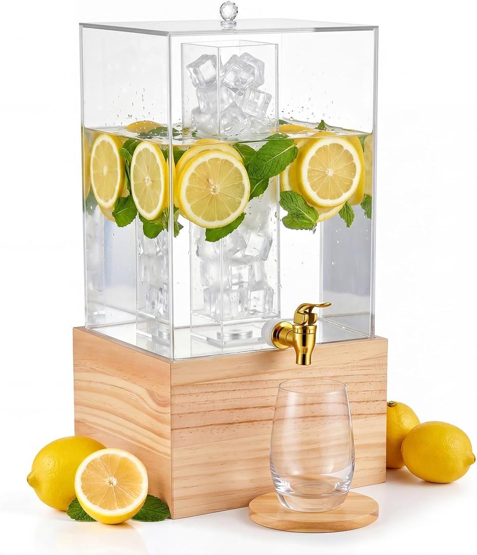 FillTouch Acrylic Drink Dispenser, 3 Gallon Beverage Dispenser with Spigot & Stand and Ice Core for Weddings Parties, Fountain, Juice, Cold Drink, Sangria, Water
