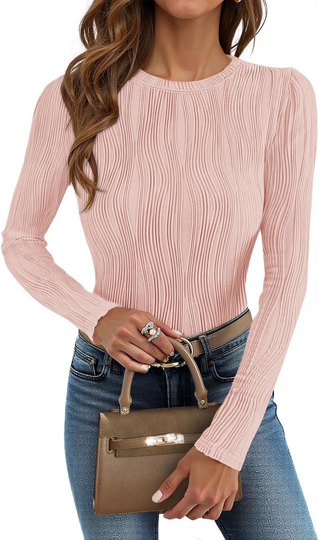 ZESICA Fall Tops for Women 2025 Trendy Long Sleeve Shirts Dressy Casual Textured Blouses (Pink, XL)