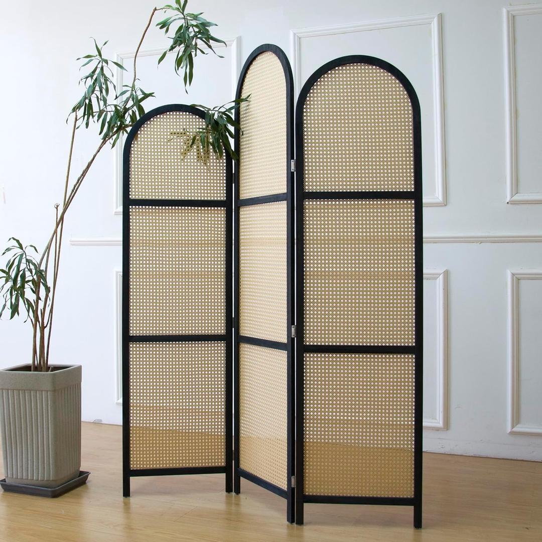 3 Panel Room Divider Screen and Folding Panel Screen in Arch Shape and High Low Design, Double Sided Rattan Divider for Room Separation,70.9" H x 53.1" W