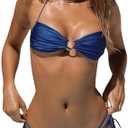 SOLY HUX Bathing Suit for Women Halter Ring Linked Tie Side Bikini Sets Two Piece Swimsuit, M Plain Dark Blue