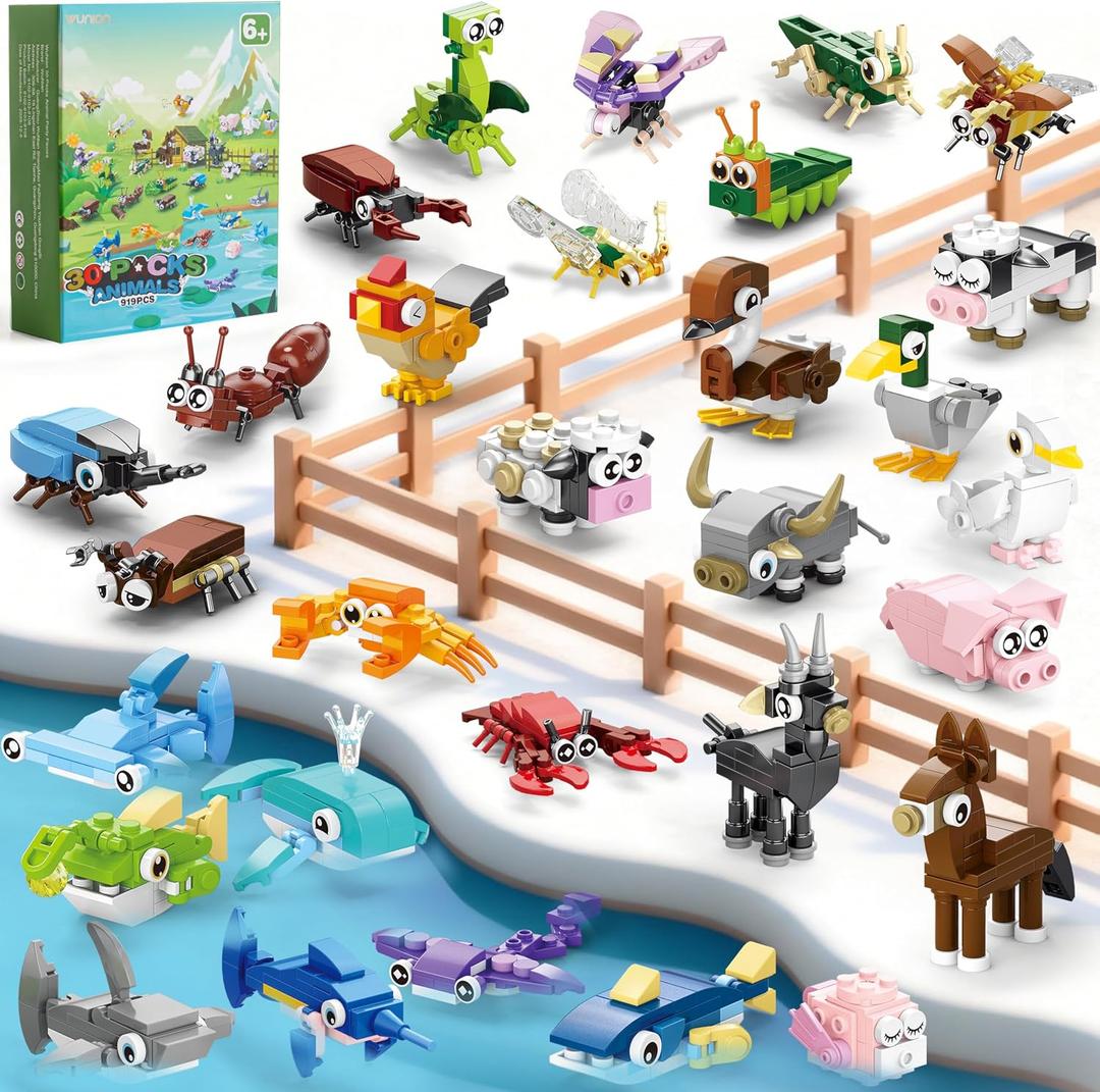 30 Packs Party Favors for Kids - 919 PCS Animal Building Blocks Toy Mini Sets Party Favors, Goodie Bags Stuffers Classroom Prizes Return Gifts Easter Bulk Gifts Boys Girls Student Ages 6+
