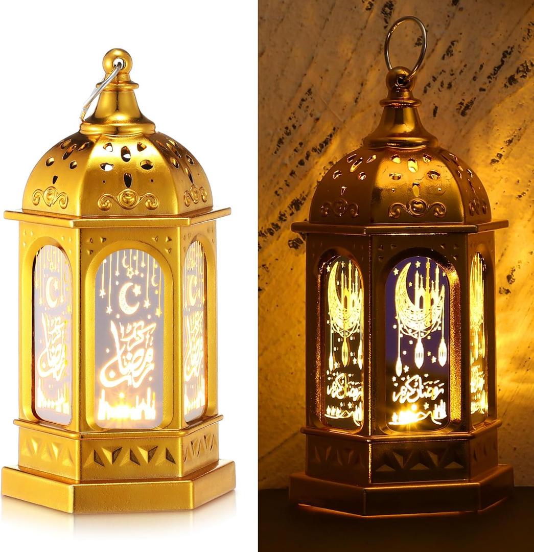 Threan 2 Pcs Ramadan Lantern Lights LED mini Eid Mubarak Lantern Gifts, Ramadan Decorations for Home Table Wall Eid Centerpieces Decor (Gold Moon)