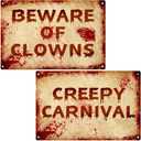 2 Pcs Terrifying Halloween Clown Metal Signs, CREEPY CARNIVAL & BEWARE OF CLOWNS Bloody Vintage Warning Signs, Spooky Scary Evil Circus Wall Decor, Indoor Outdoor Carnival Party Yard Event Decoration