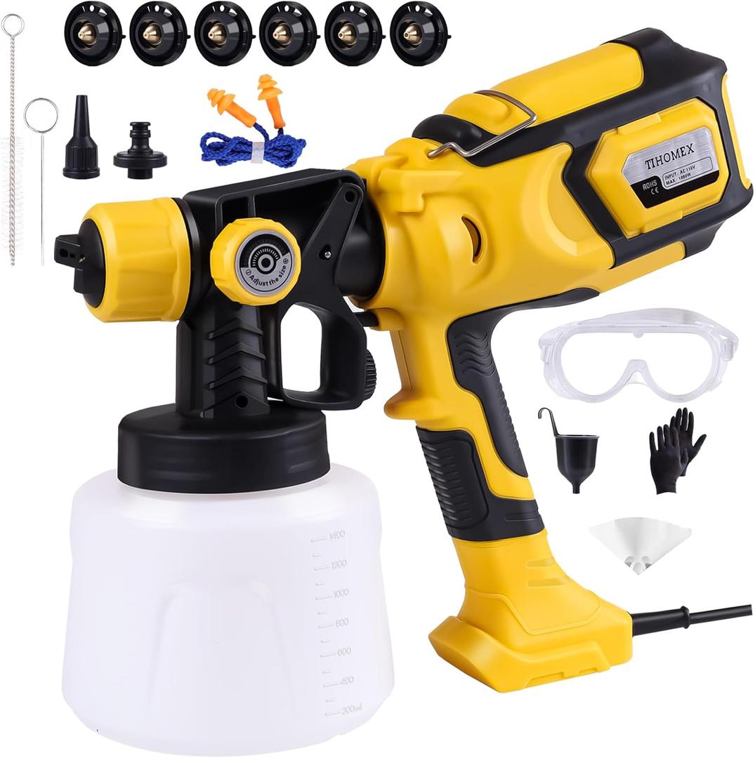 1000W Paint Sprayer with Cleaning & Blowing Joints,1400ml Cup Spray Paint Gun with Adjustable Flow Width,6 Nozzles and 3 Patterns,Yellow Paint Sprayer for House Painting,Easy to Clean