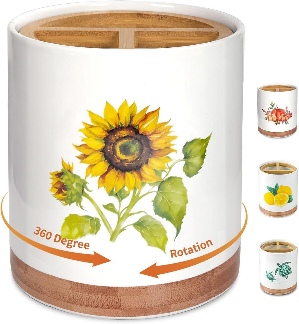 HAPPY KIT 7.6 Extra Large Kitchen Utensil Holder, 360 Rotating Utensil Holder for Kitchen Counter with 3 Removable Compartment, Housewarming Gift & Farmhouse Decor(Sunflower)