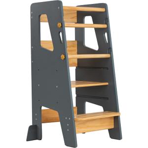 Toddler Standing Tower - Adjustable Height Toddler Kitchen Stool Helper - Ideal Kids Kitchen Step Stool for Learning New Skills - Updated Design with Safety Feet (Gray)