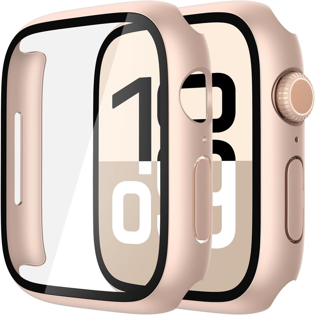 Misxi 2 Pack Tempered Glass Case Compatible for Apple Watch Series 11 (2025) Series 10 46mm, Hard PC Screen Protector Overall Protection Scratch-Resistant Cover for iWatch, 1 Rose Gold + 1 Transparent