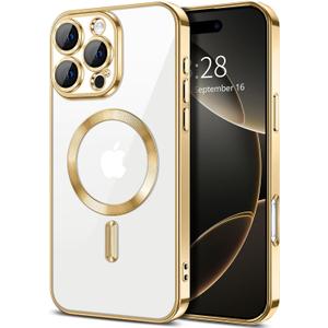  Magnetic Clear for iPhone 16 Pro Case with Camera Lens Protector [Compatible with MagSafe] Luxury Plating Edge Slim Soft TPU Cover Protective Phone Case for iPhone 16 Pro 6.3", Gold