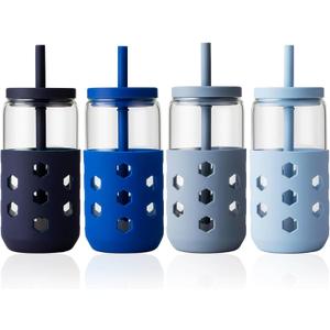 Glass Cups with Lids and Straws (4 Pack), 16oz Drinking Glasses Set with Silicone Sleeves for Coffee Bar Accessories Iced Coffee Cups with Lids, Glass Tumbler Reusable for Gifts (Navy)