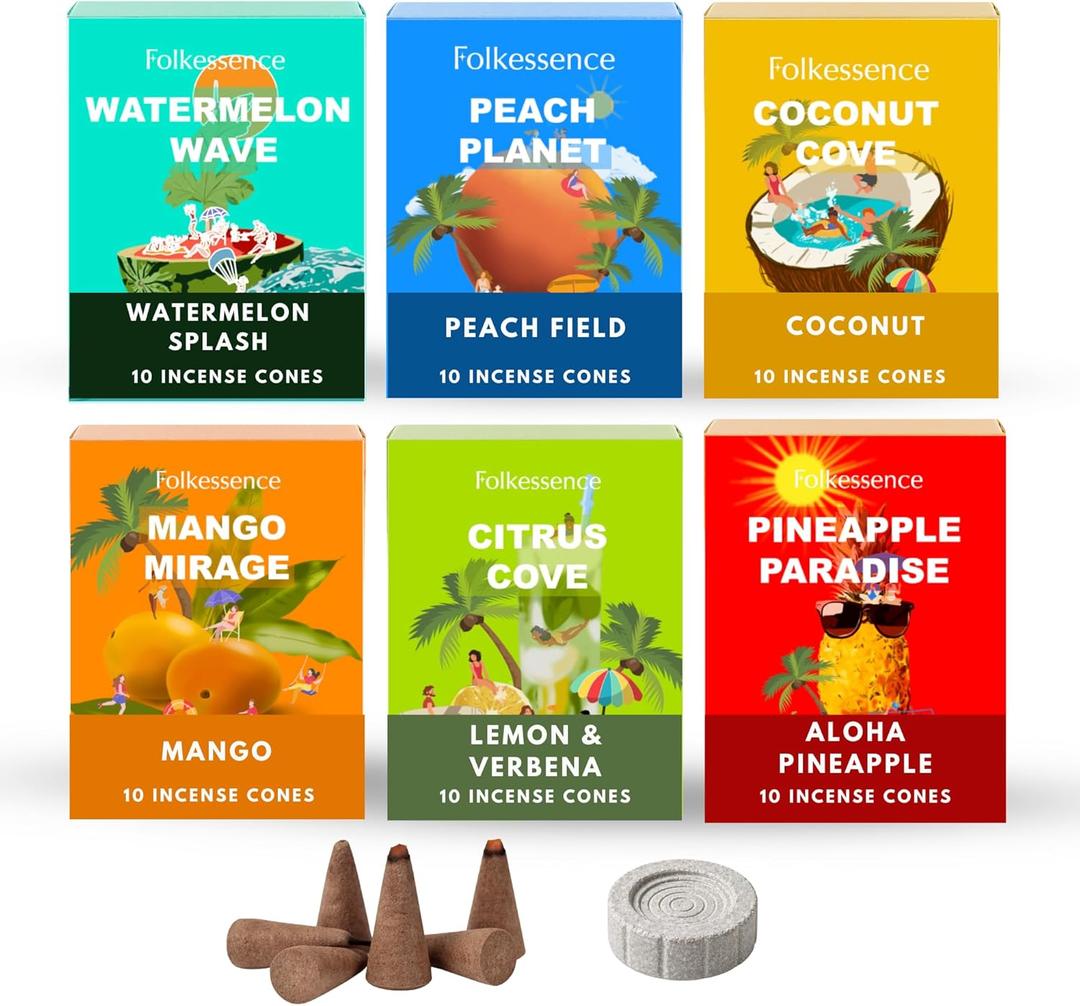 Folkulture Incense Cones (60 Cones) | Set of 6 Fresh Summer Fragrance Fruit Incense Cones for Home, Relaxation, Aromatherapy Gifts | No Charcoal,Organic,Non Toxic Citrus,Coconut,Mango Inscents-Cones