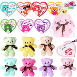JOYIN 28 Pack Valentines Day Gift Cards with Bear Plush Toys, Cute Mini Plush Toys Keychains for Boys Girls Party Favor, Classroom Exchange Cards and School Exchange Prize