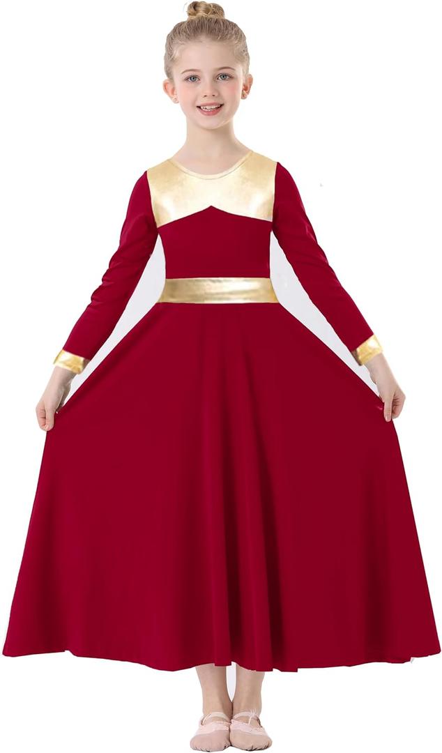 TLMNU Girls Praise Dance Dress Metallic Gold Liturgical Worship Church Robe Full Length Swing Lyrical Costume,Tag160, 13-14 Years, Burgundy 