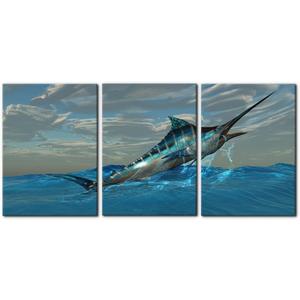 Pacimo Fish Canvas Art Wall Decor Blue Marlin Fish Bursts from Ocean Waters Pictures Prints on Canvas Tropical Animal Paintings 3 Panels Modern Artwork Home Decoration Framed Ready to Hang - 20"x28"x3
