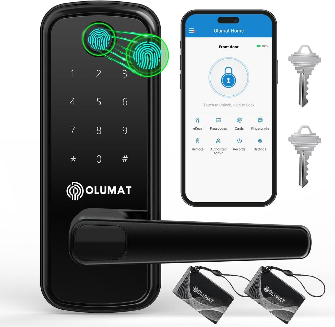 Smart Door Lock, OLUMAT Keyless Entry Door Lock Fingerprint Door Lock with Keypad Digital Lock with Handle for Home, Rental, Garage, Office and Hotel