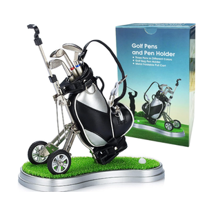Golf Pen Holder with 3 Club Pens and Movable Golf Cart, Mini Golf Bag Desk Decor for Office, Funny Golf Gifts for Men, Dad, Boss  Stocking Stuffers for Golfers on Birthday, Christmas, Fathers Day