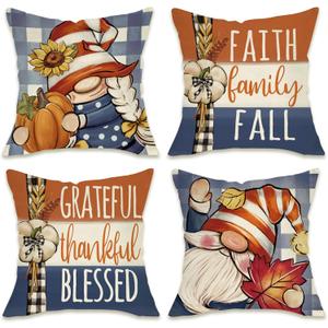 Fahrendom Thanksgiving Gnome Decorative Throw Pillow Covers 18 x 18 Set of 4, Grateful Thankful Blessed Porch Patio Outdoor Pillowcase, Faith Family Fall Autumn Plaid Farmhouse Cushion Case Home Decor
