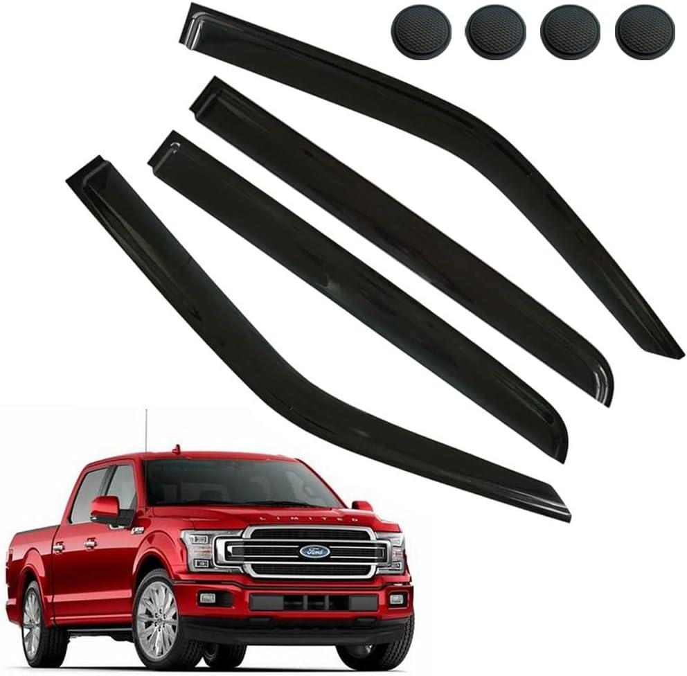 Rain Guards for Ford F150 SuperCrew 2015-2021 (Crew cab) XL XLT Lariat King Ranch, Tape-on Side Window Deflectors, Window Visors for Ford Trucks, Car Accessories 4 Rain Guards  4 Car Coasters