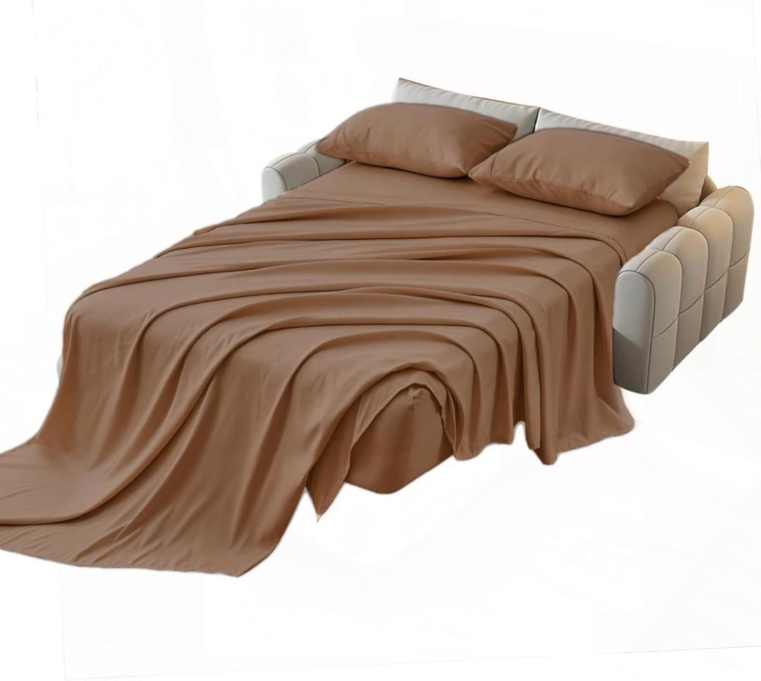 Kingnex Sofa Bed Sheets Queen for Sleeper Sofa Bed with 4-6 Deep Pocket Soft Double Brushed 1800 Microfiber 4 Piece Bedding Set (60"x74"x6") Coffee