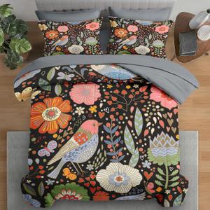 Comforter Set Queen Size, Retro Floral Bird 7 Pcs Bedding for Kids and Adults, Vintage Chinese Flower Bed Sheet Sets with Fitted Sheet 2 Pillowcases & 2 Shams for Bedroom Bed Decor