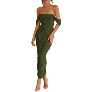 PRETTYGARDEN Womens Off Shoulder Maxi Wedding Guest Dress | Comfy Mesh Fabric, Long Ruched Bodycon Dresses, Sleeveless Back Split, Formal Cocktail Party Outfits, Chic Summer Clothes, Medium