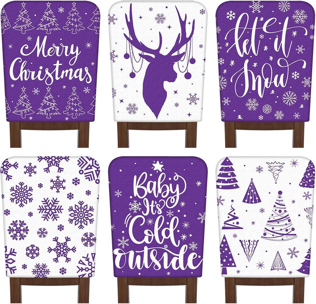 FuWeave 6 Pcs Christmas Chair Covers Purple White Snowflake Chair Back Covers Xmas Chair Protector Slipcovers Washable Winter Dining Room Seat Covers for Home Hotel Kitchen Decorations