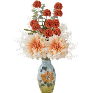 Fake Flowers with Small Hand-Painted Vase,17" Champagne Artificial Flowers Bouquet in Ceramic Vase,Silk Flower Eucalyptus Arrangements for Home Dining Living Room Office Coffee Table Decorations