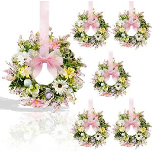 6 Pcs Easter Small Candle Rings Wreaths Mini Pillar Candle Holder Wreath with Artificial Easter Eggs and Spring Flowers for Home Kitchen Table Cnterpieces Decor Front Door Porch