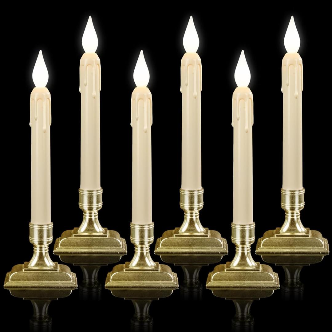 6 Pcs Sensor Dawn to Dusk Window Candles, Flickering Battery Candles for Windows, Ultra Bright Fake Candle Lights with Gold Holders, Led Candlesticks for Xmas Home Decor, White Light