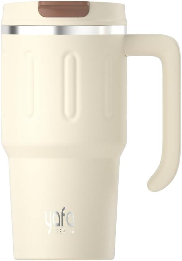 YAFA 22 oz Travel Mug Tumbler | Vacuum-Insulated Stainless Steel Hot and Cold Cup | Travel Coffee Mug | Leak-Proof Design | Dual Drink Modes  Direct Mouth & Straw (Cream, 22 oz)