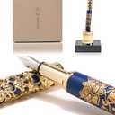 Luxury Fountain Pen Set With Stand - Museum Art Collections - Crafting Timeless Beauty - the Best Gift & Office Desk Decor, German SCHMIDT Fine Nib, Solid Metal & Marble Texture (Blue & Gold)