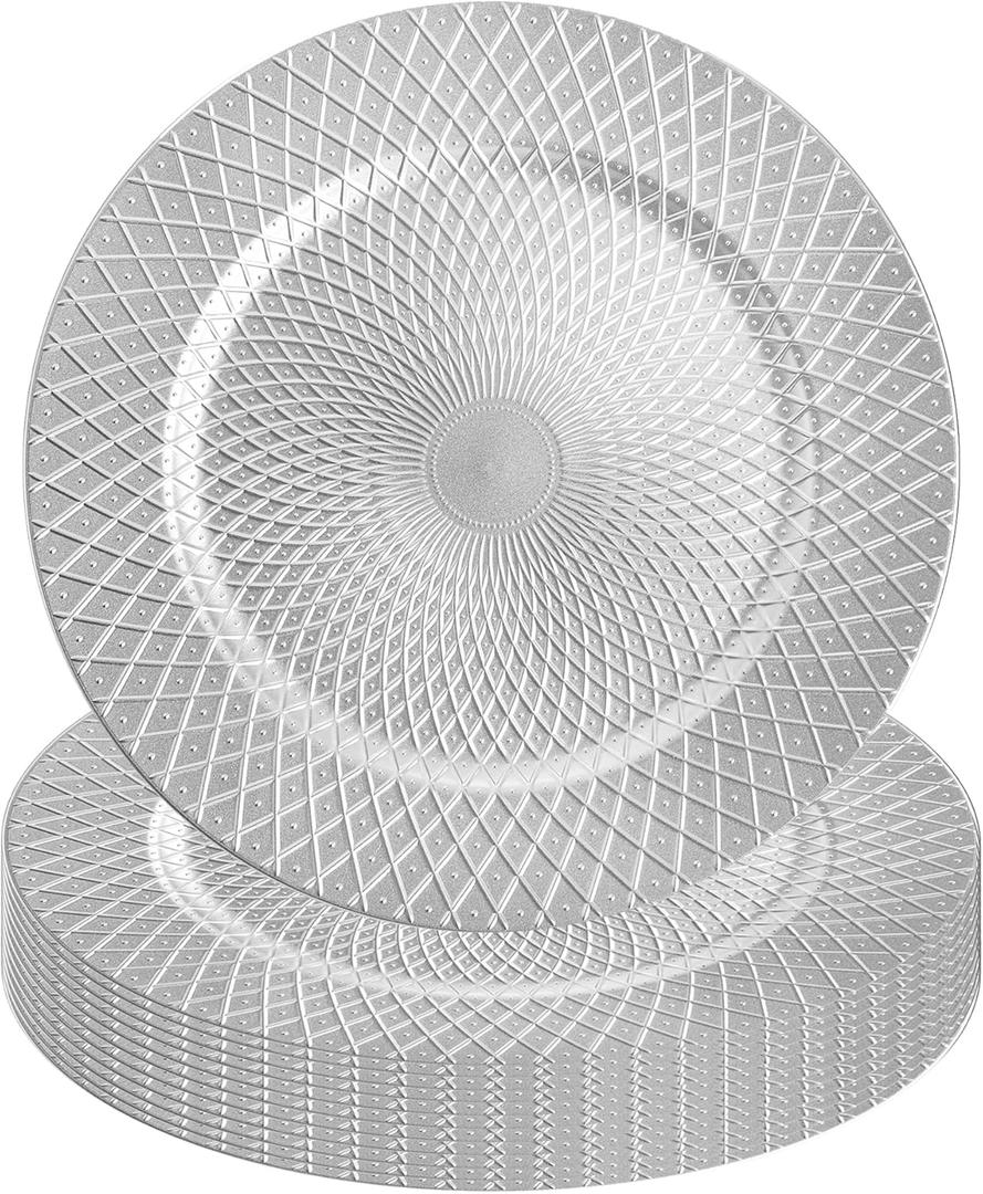 Frcctre 5 Pack Silver Charger Plates, 13 Inch Decorative Round Plastic Charger Dinner Plates, Reusable Diamond Pattern Serving Plate for Wedding, Party, Holiday, Event Table Decoration