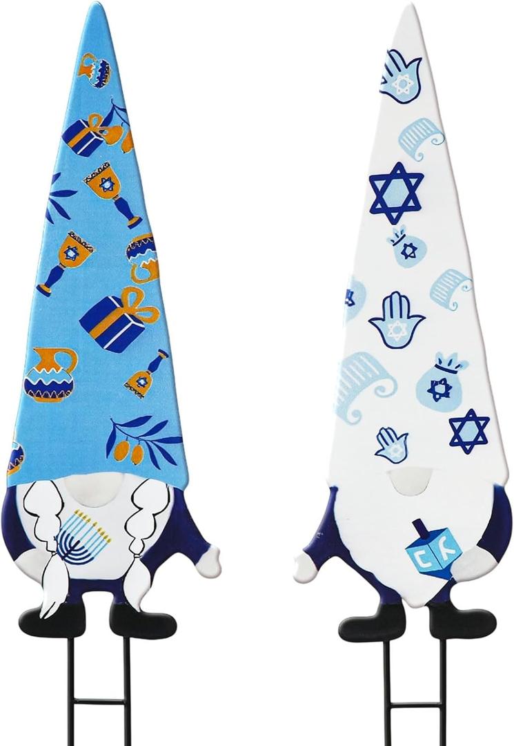 Cinnvoice 2 Pcs Hanukkah Metal Yard Gnome Stakes 27.6 Chanukah Decorative Gnomes Stakes for Outdoor Happy Hanukkah Garden Signs for Jewish Christmas Party Supplies Lawn Garden Decoration