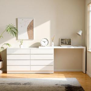 8 Drawer Vanity Dresser Combo with Extendable Table & L-Shaped Desk, White MDF Large Dresser for Bedroom, Adjustable Makeup Dressing Table with Wide Storage, Desk and Vanity Combo for Small Spaces