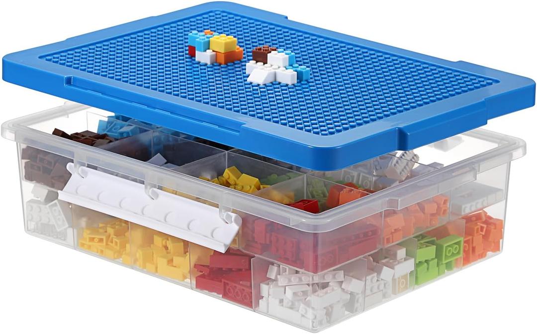 OGANAZI Plastic Organizer Bins for Blocks, Blocks Storage Container with Baseplate Lid Removable Tray, Stackable Double Layer 30 Slots Clear Storage Box Organizer for Bricks, Crafts, Beads(Blue)