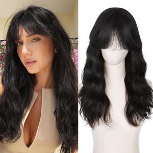 WIGNEE 100% Virgin Human Hair Wig Natural Wave Wigs with Bangs Brazilian Human Hair Wave Wigs Natural Black Color (18 Inch)