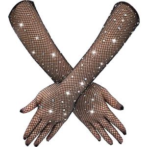 Rhinestone Long Fishnet Gloves, Arm Sleeves Elbow Mesh Rave Sparkly Gloves Costume Accessories for Women Evening Prom (Black)