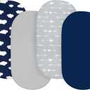 Baby Bassinet Sheets 4 Pack Fit for Dream On Me Lacy/Karley Bedside Sleeper/Graco Sense2Snooze/DreamMore Bedside, Delta Children Sweet Dreams and Curve, Ultra Soft & Skin-Friendly (Navy Blue Cloud)