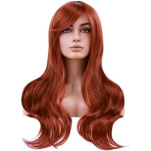 BERON Auburn Wigs Long Curly Wavy Women Wigs with Bangs Red Brown Wave Heat Resistant Synthetic Wigs for Cosplay Daily Wig Cap Included