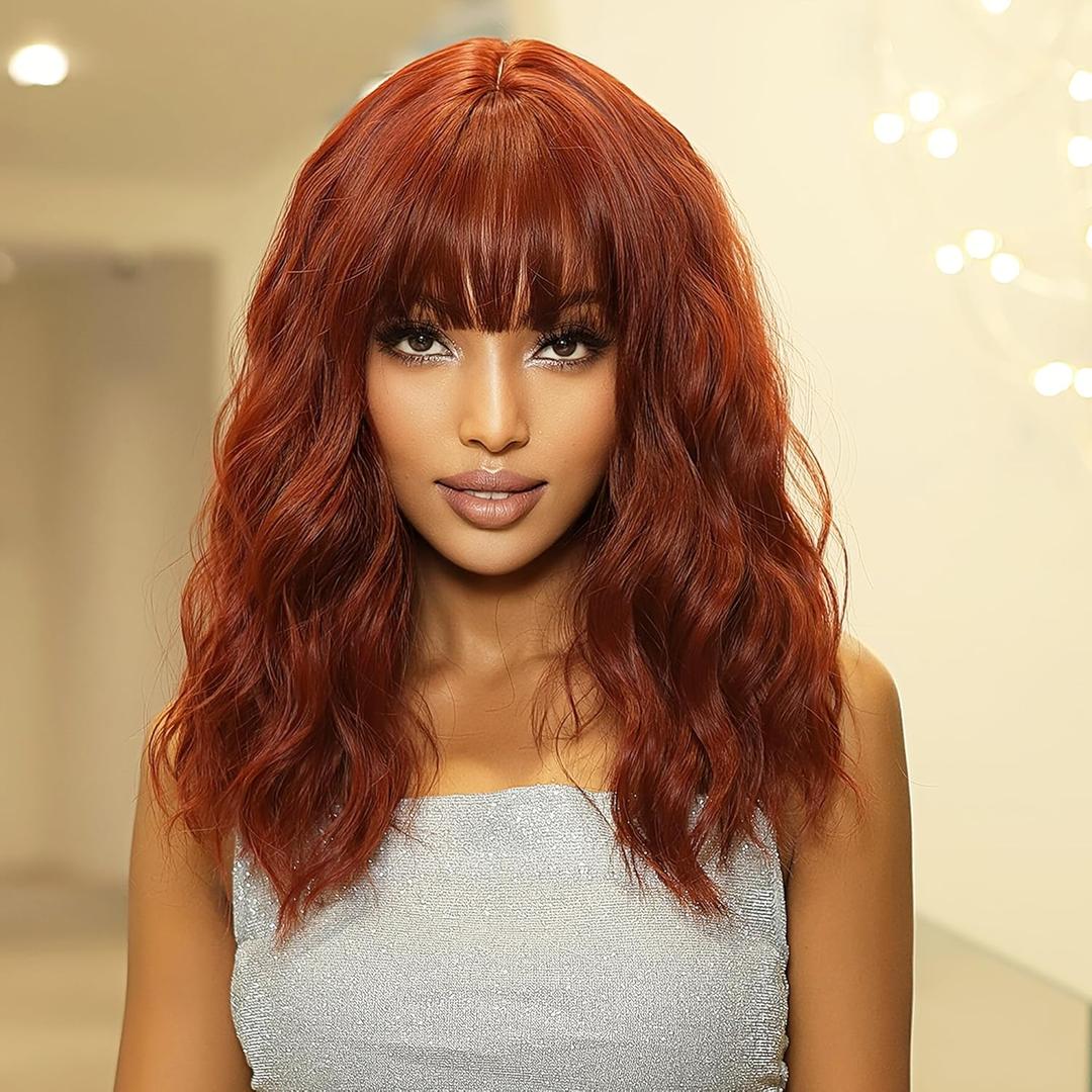Ginger Red Bob Wig For Women Heat Resistant Synthetic Shoulder Length Loose Wavy Wig With Bangs Curly Bob Wigs Medium Length 14inch (Ginger Red Color)