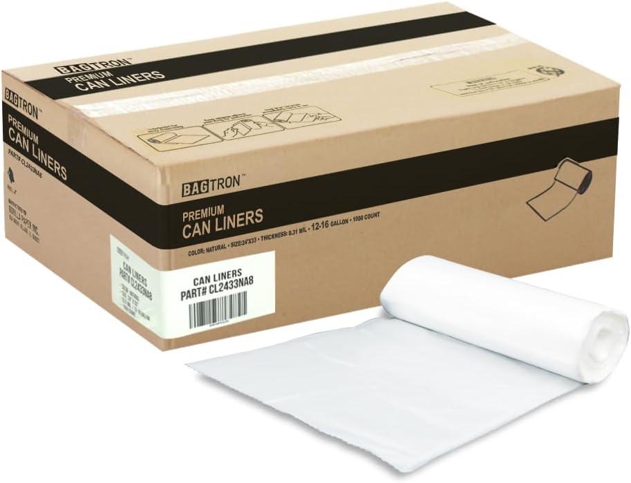 Bagtron 12-16 Gallon Trash Bags, 8 Micron High Density Garbage Can Liners Bulk, 24" x 33", Natural Clear, 1000 Count