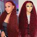30 Inch Burgundy Deep Wave Lace Front Wig Human Hair for Women 180 Density 13x6 HD Transparent Pre Plucked Wine Red Deep Curly Wigs