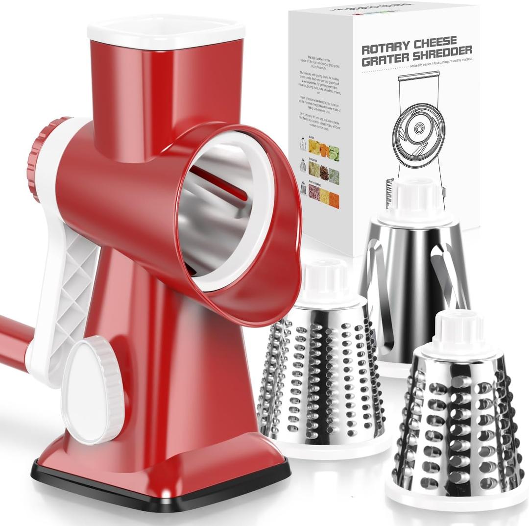 KEOUKE Rotary Cheese Grater Hand Crank Red - Shredder Slicer Grinder 3 Stainless Steel Blades, Stable Suction, Labor-Saving Handle, Safe Kitchen Tool for Cheese, Vegetable, Nuts, Chocolate (3 IN 1)
