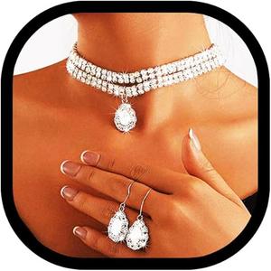 Zoestar Choker Necklaces and Earring Set Rhinestone Silver Wedding Jewelry for Women